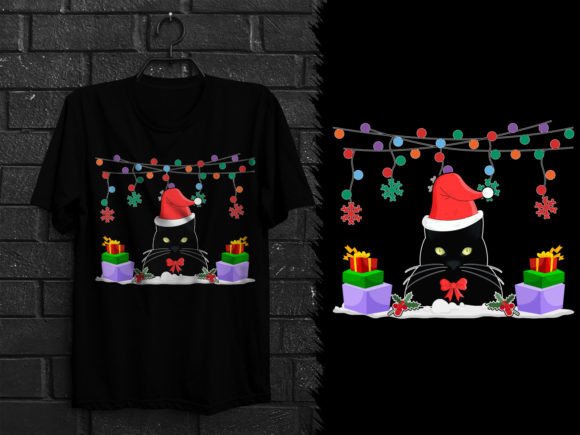 Black Cat Christmas Lights Cat T Shirt Graphics